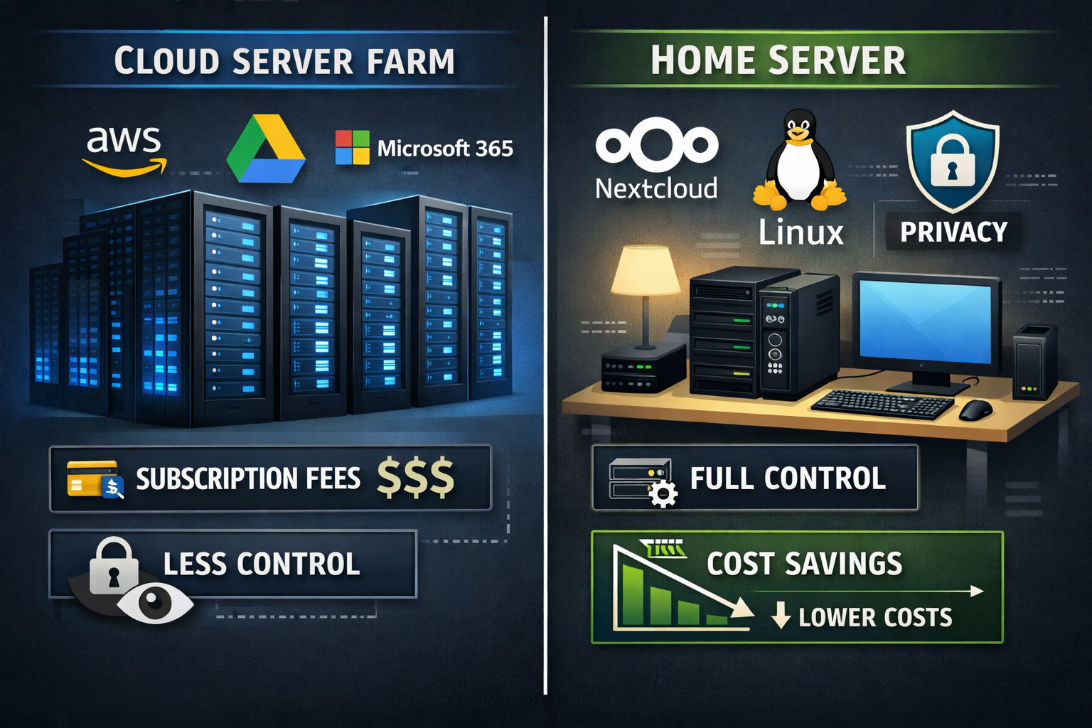 () detailed illustration showing a split-screen comparison: left side depicts a commercial cloud server farm with corporate
