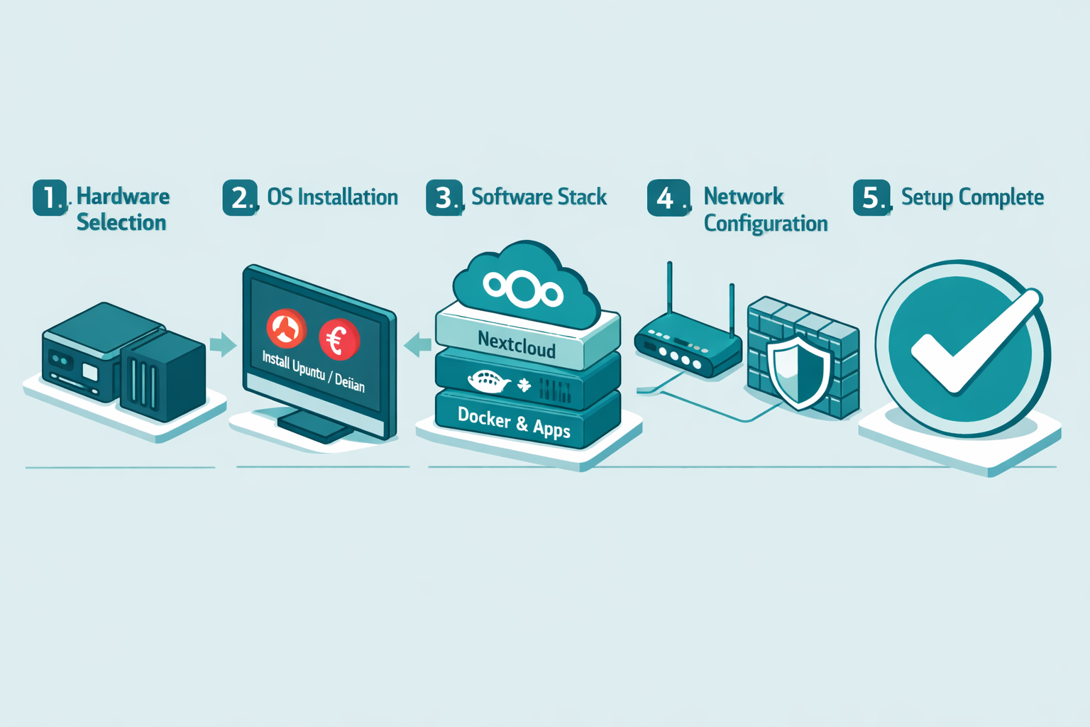 () step-by-step visual diagram showing a self-hosted cloud setup workflow: hardware selection (mini PC and NAS device