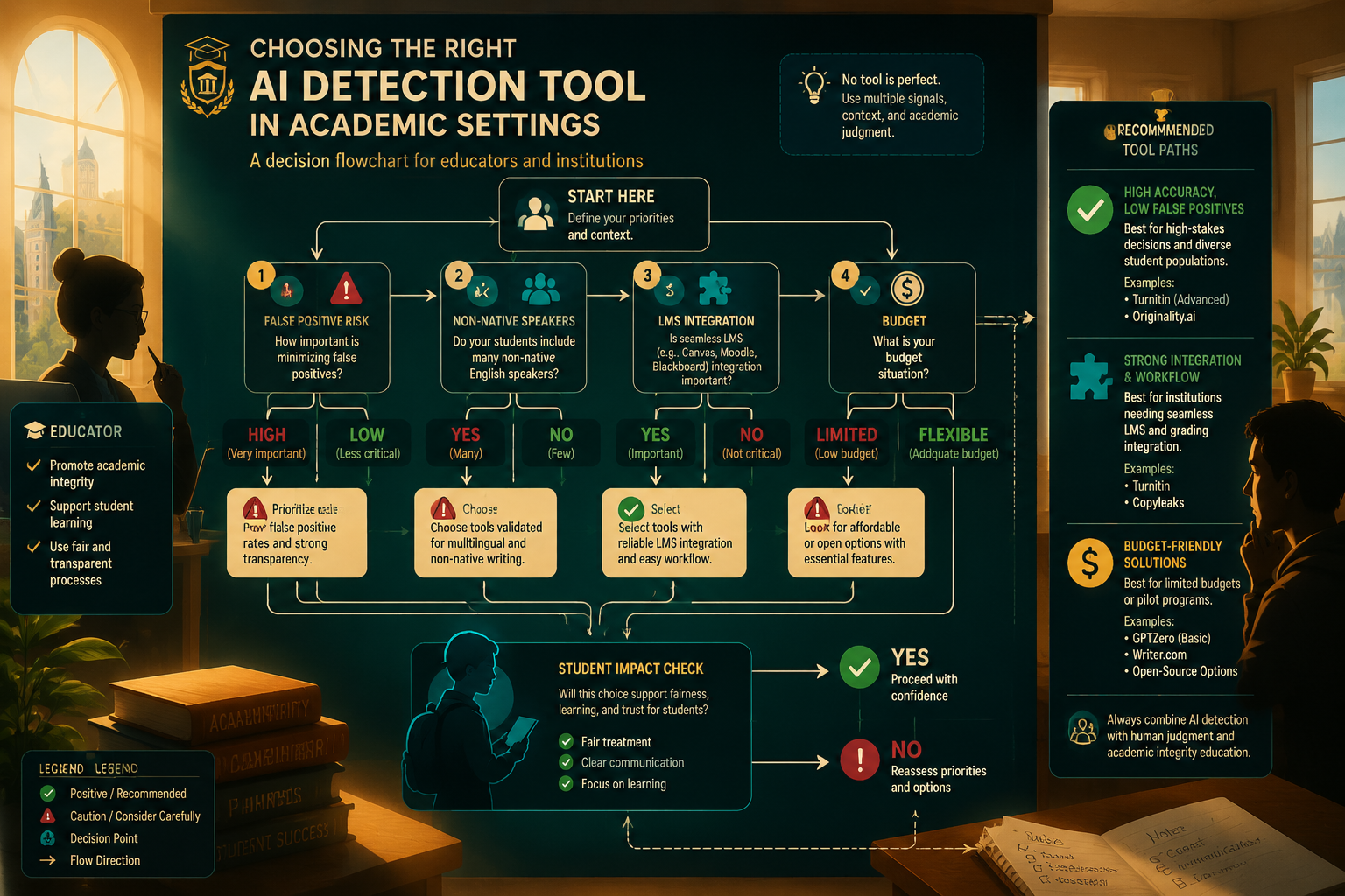 Detailed () conceptual illustration showing a decision flowchart for choosing AI detection tools in academic settings,
