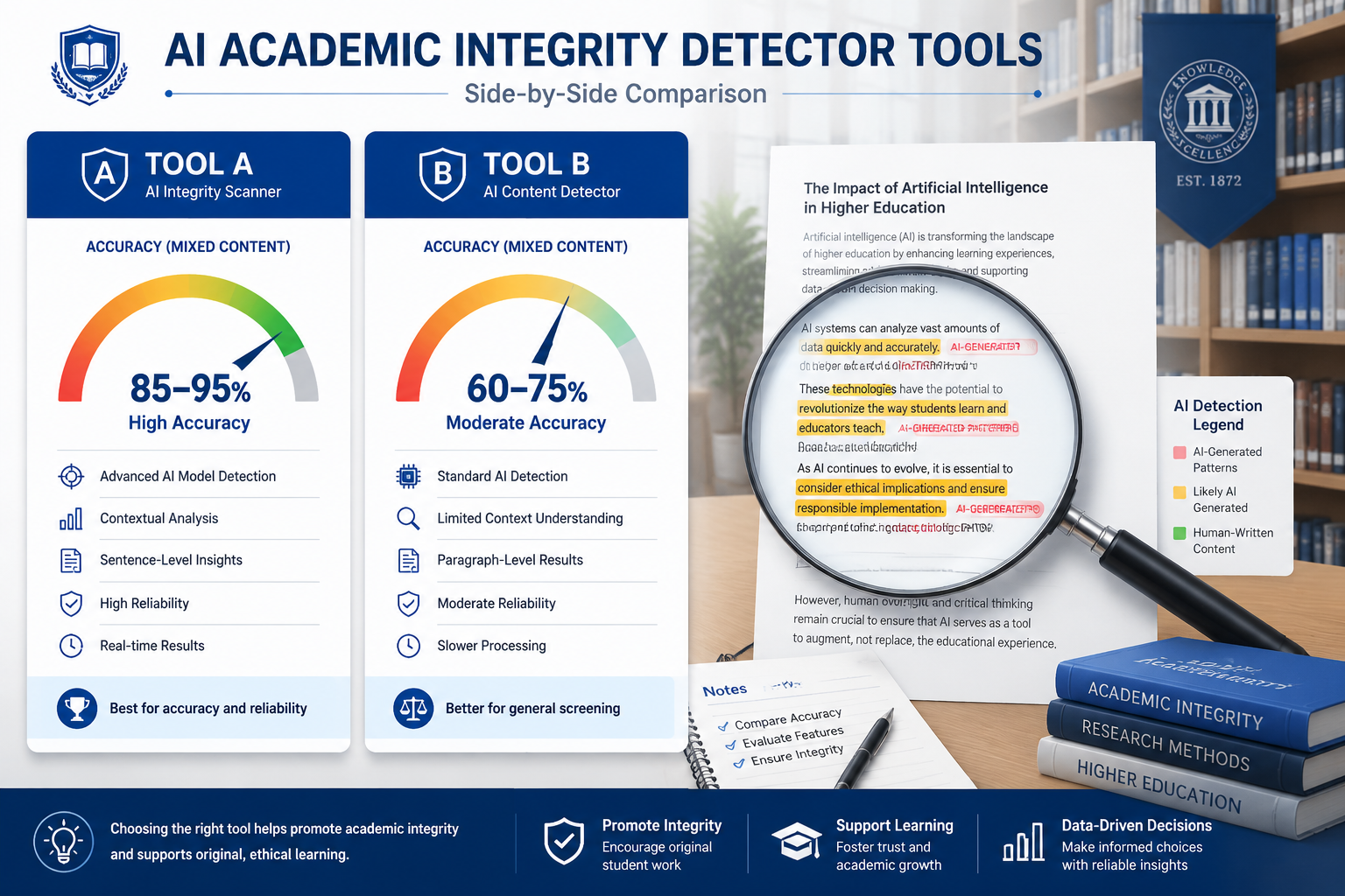 Detailed () infographic-style illustration showing a side-by-side comparison dashboard of AI academic integrity detector