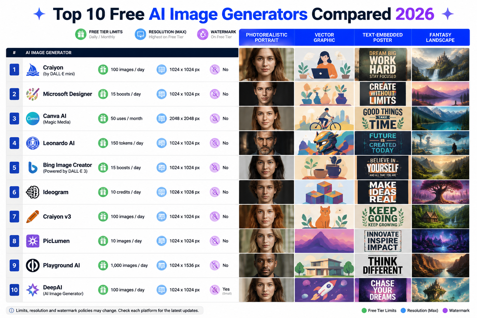 Wide () comparison infographic showing a side-by-side grid of 10 AI image generator logos and sample outputs —