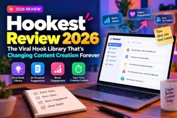 Hookest Review 2026 featured image showing a viral hook library dashboard for content creators