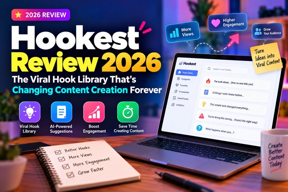 Hookest Review 2026 featured image showing a viral hook library dashboard for content creators